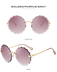 Lady Round Rimless Sunglasses Women Diamond Cut Lens