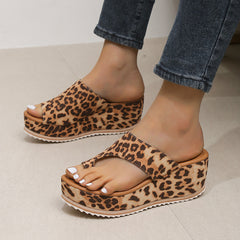 Fashion Leopard Print Wedge Slippers For Women New Thick-sole High Heel Flip Flops Shoes Summer Outdoor Slippers