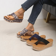 Fashion Leopard Print Wedge Slippers For Women New Thick-sole High Heel Flip Flops Shoes Summer Outdoor Slippers